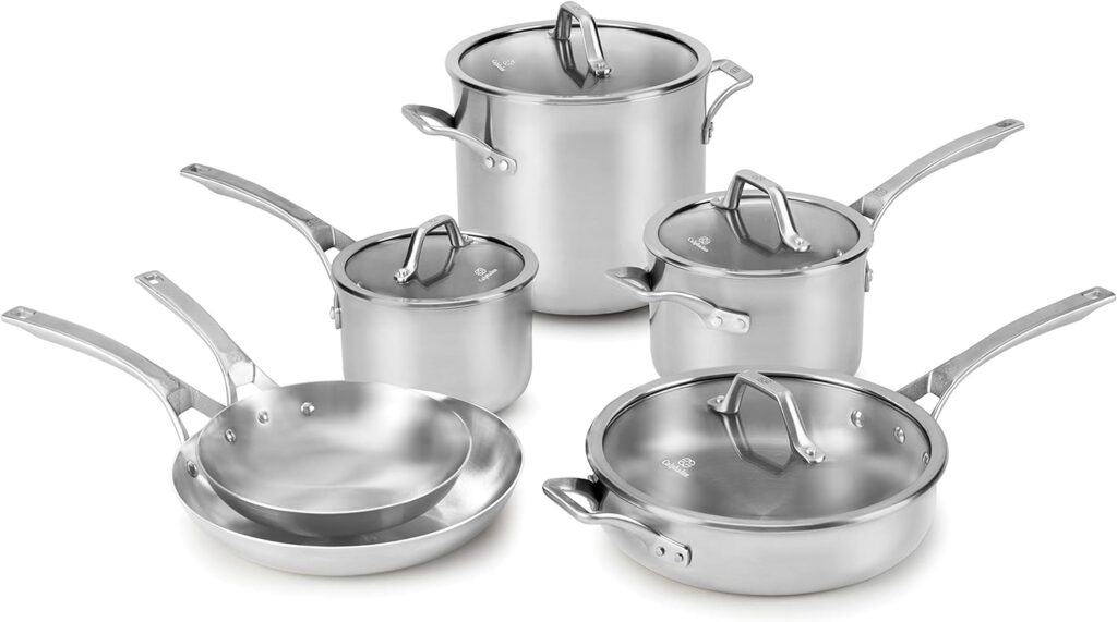 Calphalon 10-Piece Pots and Pans Set, Stainless Steel Kitchen Cookware with Stay-Cool Handles, Dishwasher Safe, Silver