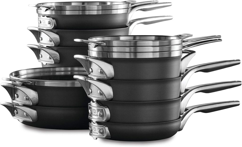 Calphalon 15-Piece Pots and Pans Set, Stackable Nonstick Kitchen Cookware with Stay-Cool Stainless Steel Handles, Black