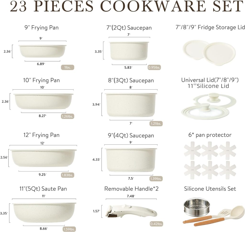 CAROTE 11pcs Pots and Pans Set Non Stick, Cookware Sets Detachable Handle, Induction RV Kitchen Set Removable Handle, Oven Safe, Cream White