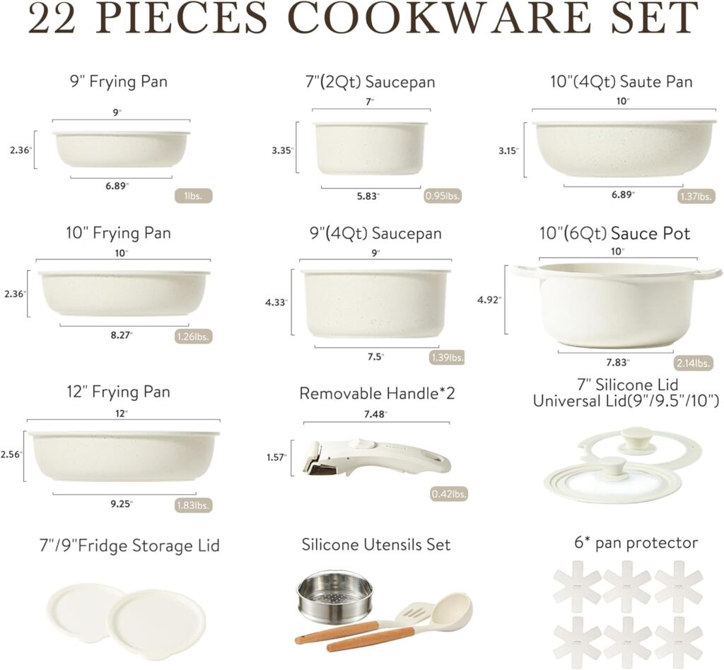 CAROTE 11pcs Pots and Pans Set Non Stick, Cookware Sets Detachable Handle, Induction RV Kitchen Set Removable Handle, Oven Safe, Cream White